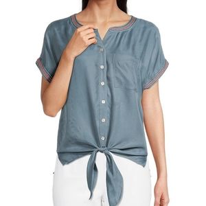 John Mark Size S Blouse Button Up Tie Front Embroidered Short Sleeve